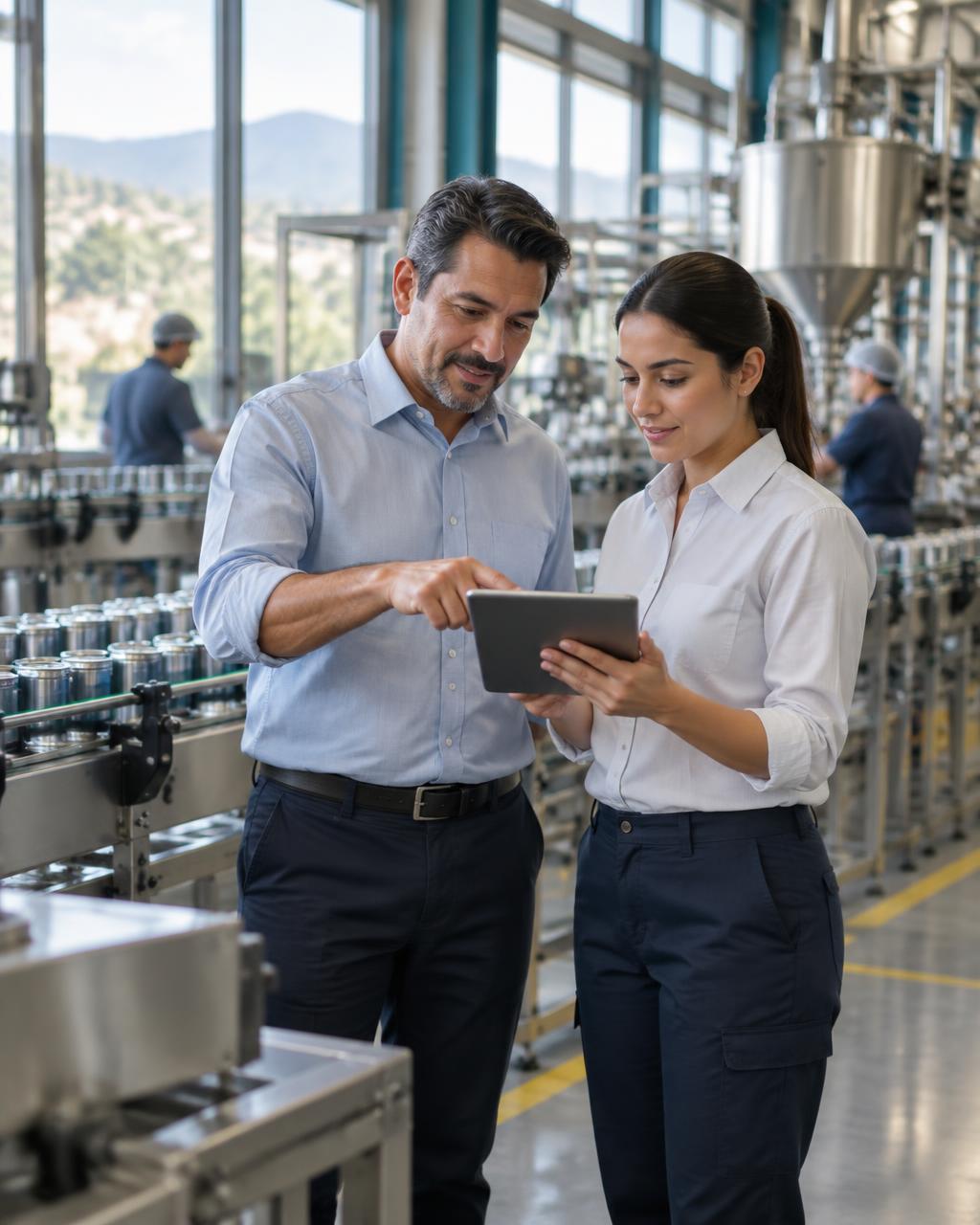 Equipo directivo de una empresa latinoamericana revisando su operación en planta