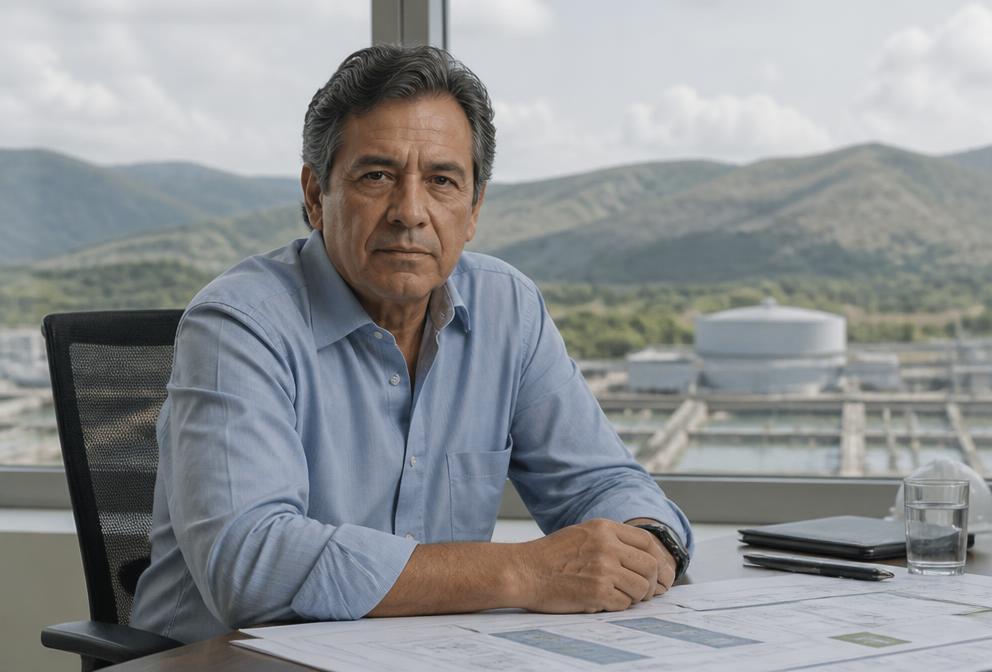 Retrato ilustrativo de Andrés Cedeño en una empresa de agua y saneamiento