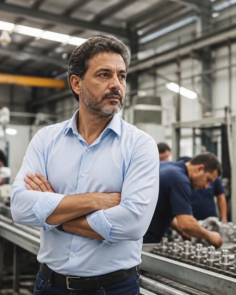 Retrato ilustrativo de Gabriel Leal en una planta de manufactura
