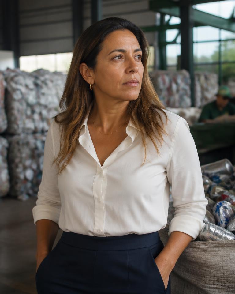 Retrato ilustrativo de Mariana Torres en una planta de reciclaje